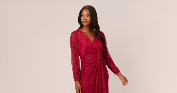 Metallic Crinkled Mesh Draped Long Gown In Scarlet Adrianna Papell