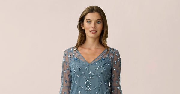 Hand Beaded Illusion Top In Dusty Blue Adrianna Papell