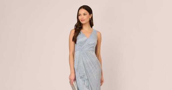 Metallic Mesh Faux Wrap Gown With Ruffle Accents In Sky Blue