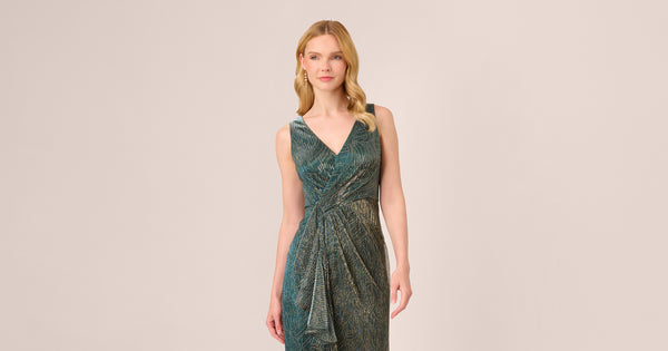 Metallic Mesh Faux Wrap Gown With Ruffle Accents In Evergreen