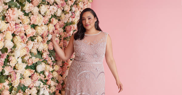 Plus Size Beaded Ankle Length Dress With Sheer Neckline In Dusted