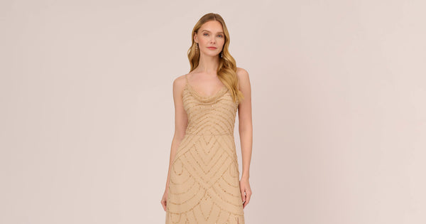 Art Deco Beaded Mermaid Gown With Cowl Neckline In