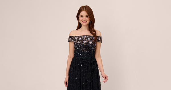 Off The Shoulder Ankle Length Beaded Dress With Sequin Rosettes