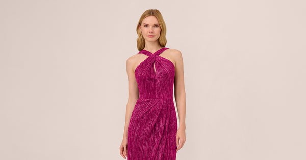 Metallic Knit Halter Midi Dress With Wrap Skirt In Magenta