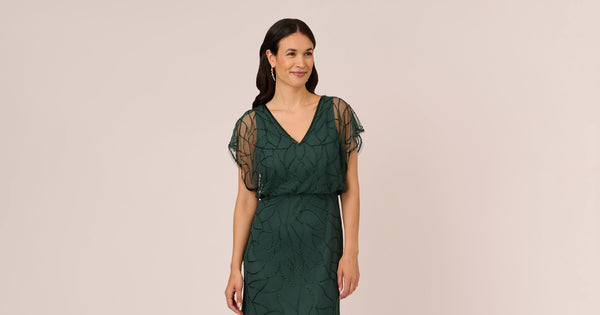 Beaded Blouson Mermaid Gown With Sheer Dolman Sleeves In