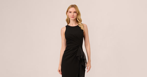 High Low Crepe Halter Gown With Organza Draping In Black