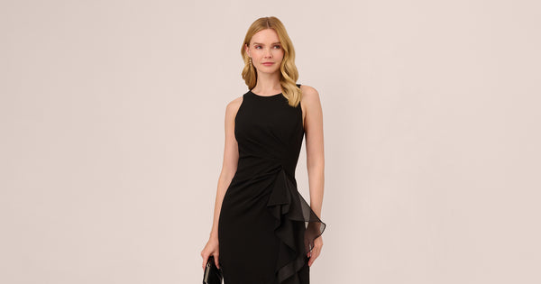 High Low Crepe Halter Gown With Organza Draping In Black