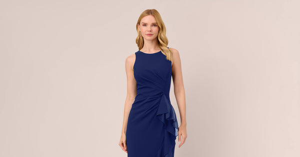 High Low Crepe Halter Gown With Organza Draping In Navy Sateen