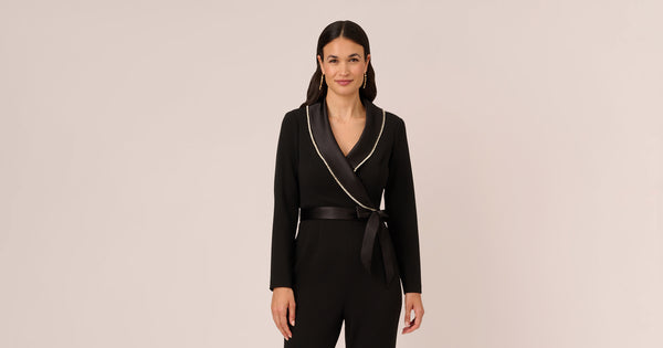 Long Sleeve Tuxedo Jumpsuit With Crystal Trim In Black