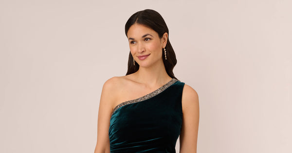 Velvet One Shoulder Top With Beaded Neck In Hunter Adrianna Papell