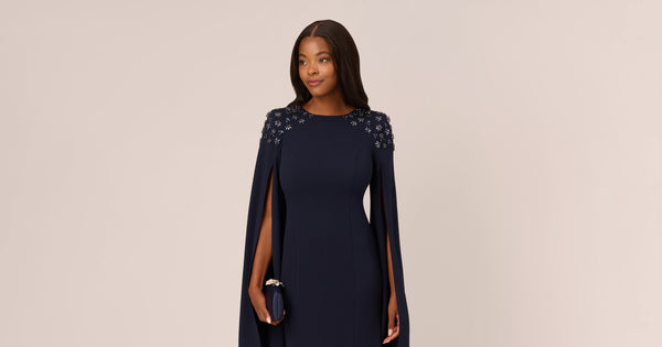 Crepe Mermaid Gown With Beaded Cape Sleeves In Midnight