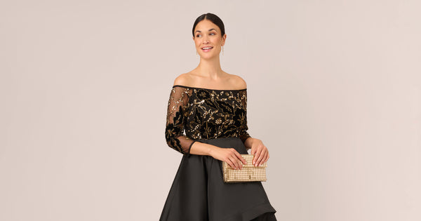 Beaded Taffeta Ball Gown With Three Quarter Sleeves In Black Gold