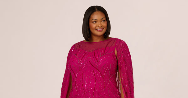 Plus Size Sequin Beaded Cape Dress With Illusion Neckline In Hot