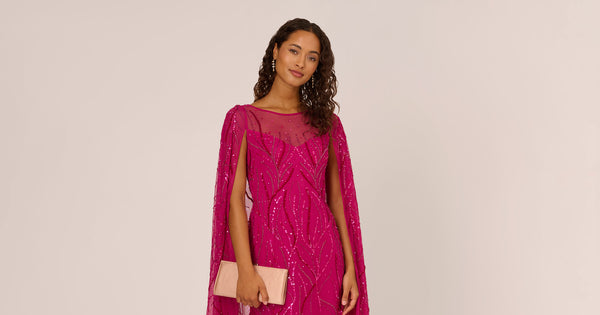 Sequin Beaded Cape Dress With Illusion Neckline In Hot Orchid