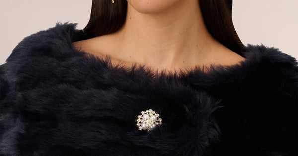 Faux Fur Wrap With Stone Broach In Midnight Adrianna Papell