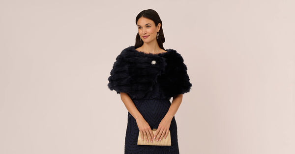 Faux Fur Wrap With Stone Broach In Midnight Adrianna Papell