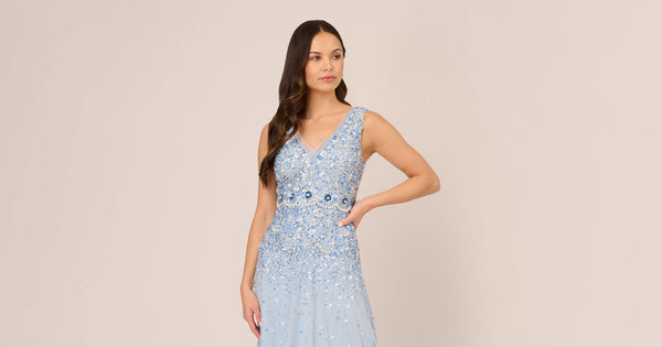 Beaded Sleeveless Ankle Length Gown With V Back In Elegant Sky