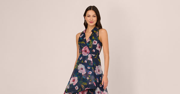 Floral Printed High Low Organza Halter Dress In Navy Multi