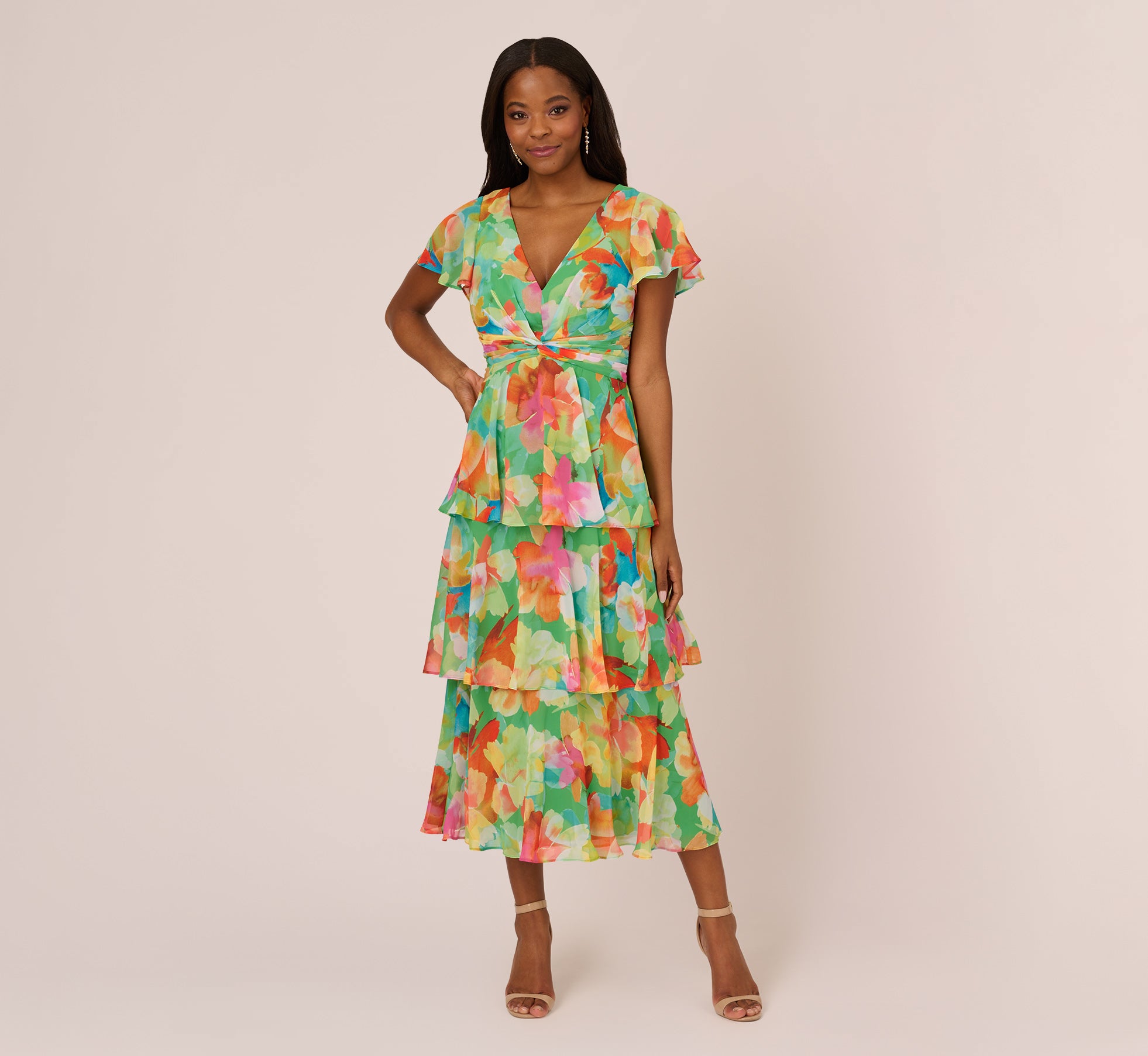 Floral Chiffon Tiered Dress With Flutter Short Sleeves In Green Multi – Adrianna  Papell