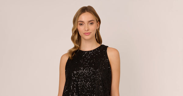 Sequin Sleeveless Top With Feather Trim In Black Adrianna Papell