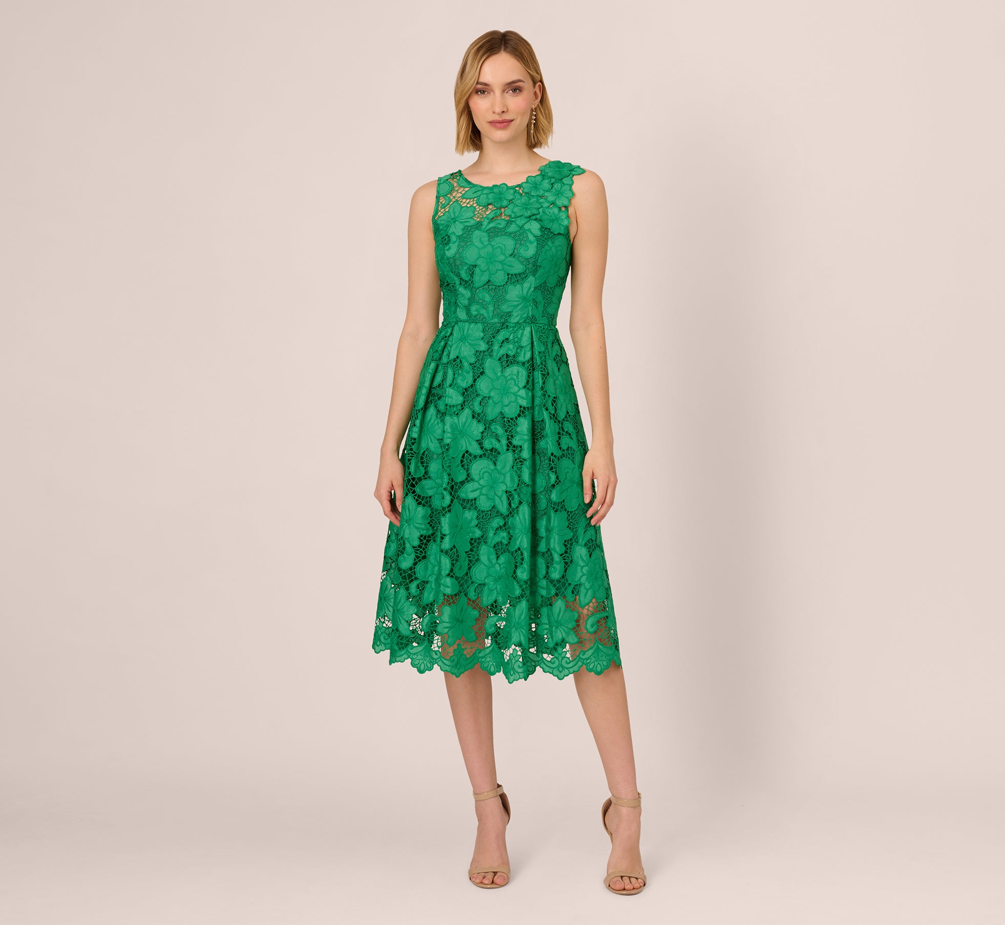 Lace Sleeveless Midi Dress With Sheer Neck And Hem In Green – Adrianna  Papell