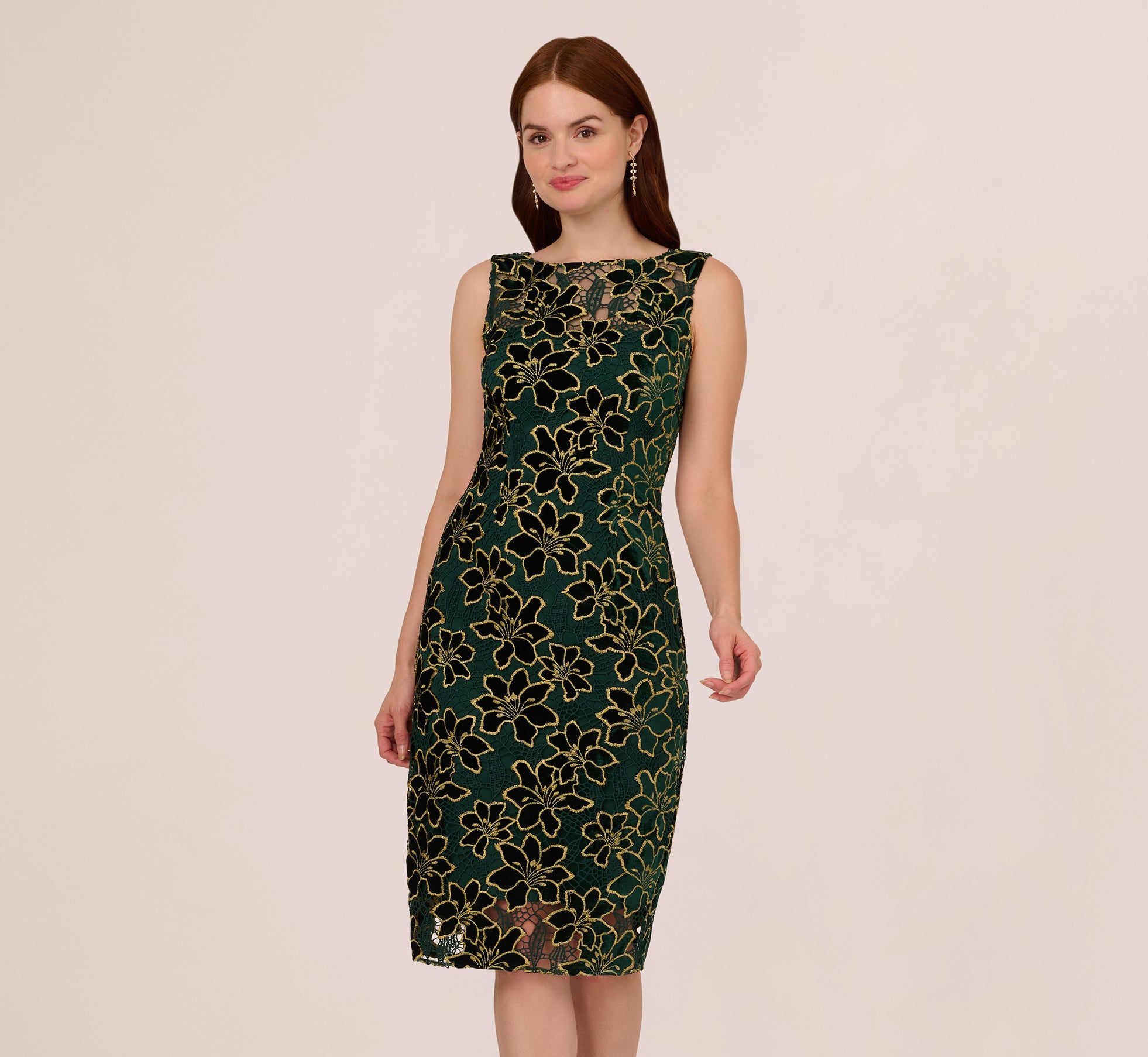 Metallic Floral Lace Midi Dress With Illusion Neckline In Hunter Gold – Adrianna  Papell