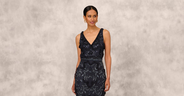 Beaded Ruffle Sleeveless Gown With V-Neck And Back In Twilight