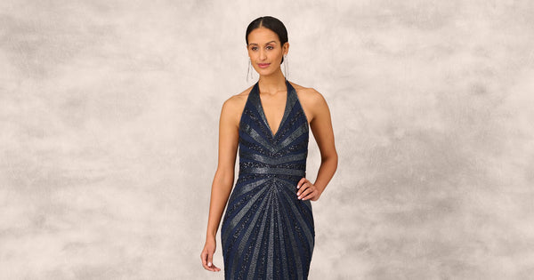 Dazzling Beaded Halter Gown With Deep V Neckline In Navy