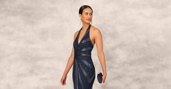 Dazzling Beaded Halter Gown With Deep V Neckline In Navy