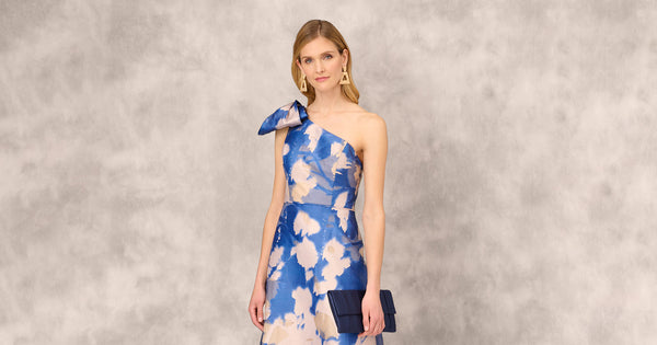 Floral Jacquard One Shoulder Ball Gown With Bow Accent In Royal Sapphire