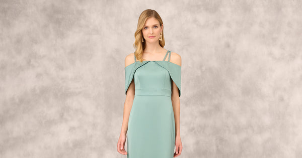 Cowl Neck Crepe Column Gown With Pearl Straps In Summer Green