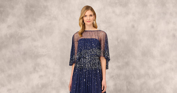 Beaded Strapless Gown With Sheer Removable Cape In Navy Adrianna