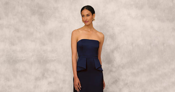 Mikado Strapless Gown With Peplum Sides In Navy Adrianna Papell