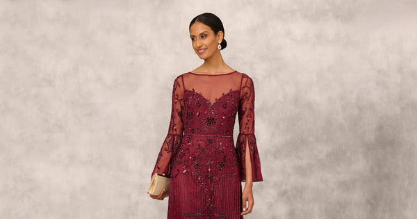 Beaded Illusion Gown With Long Bell Sleeves In Mahogany