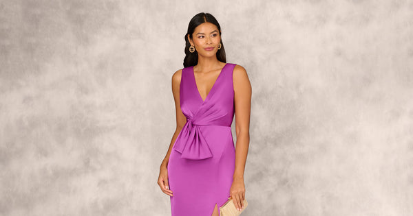 Sleeveless Satin Crepe Column Gown With Bow Waist In Wild Orchid