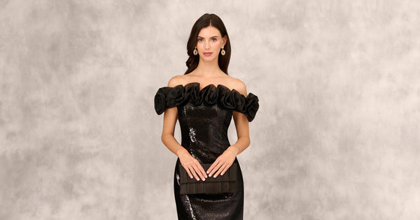 Off The Shoulder Sequin Dress With Ruffle Accents In Black