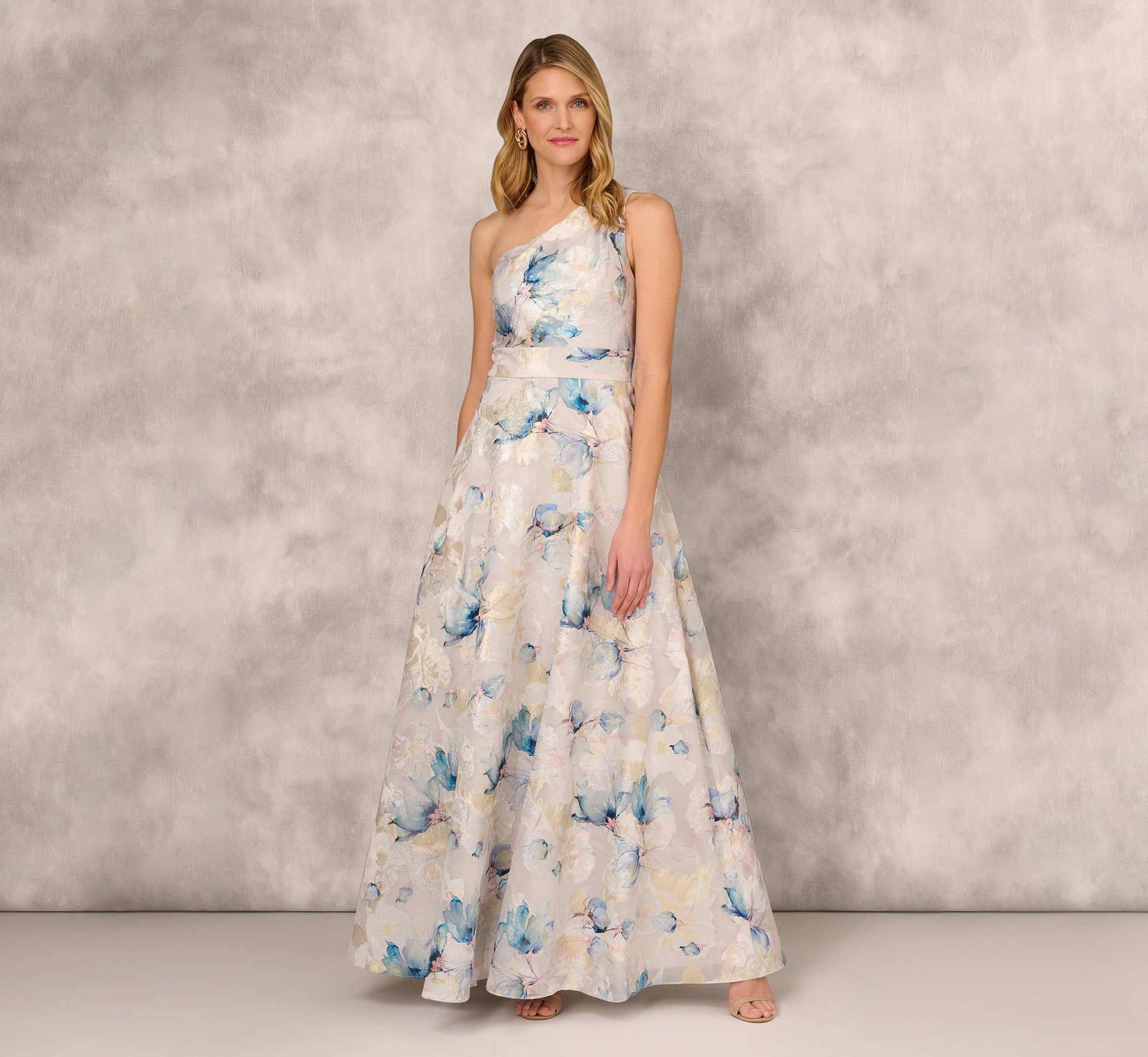 One Shoulder Floral Jacquard Ball Gown In Blue Multi – Adrianna Papell