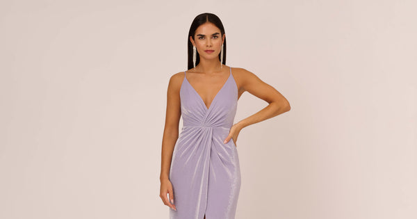 Lurex Knit Column Gown With Gathered Details In Lilac Adrianna