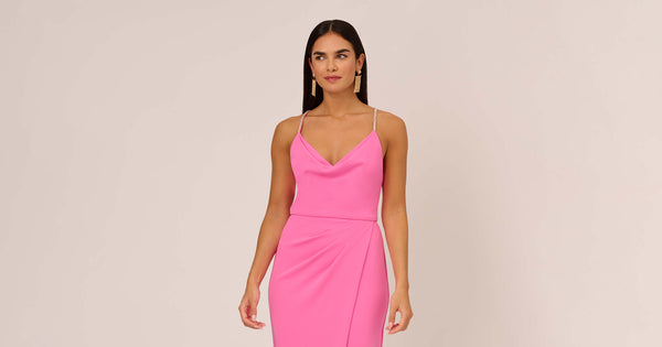 Cowl Neck Column Gown With Draped Details In Pink Parfait