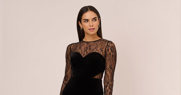 Long Sleeve Velvet Midi Dress With Sheer Lace Details In Black