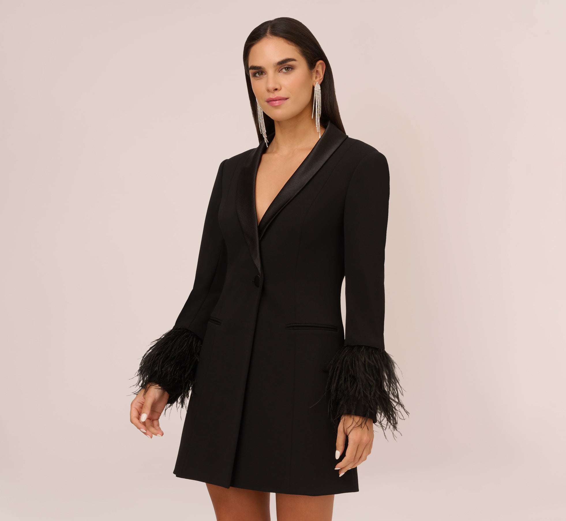 Knit Crepe Long Sleeve Blazer Dress With Feather Trim In Black – Adrianna  Papell