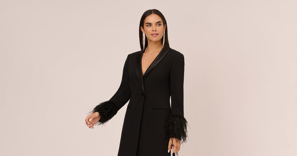 Knit Crepe Long Sleeve Blazer Dress With Feather Trim In Black