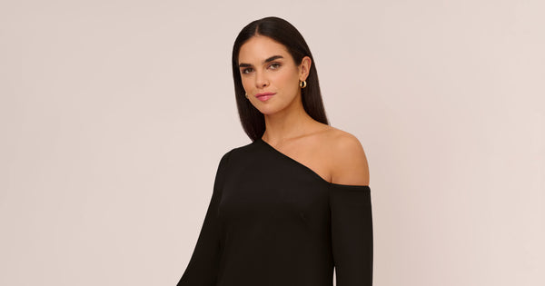 Knit Crepe One Shoulder Long Sleeve Dress With Feather Accents In Black