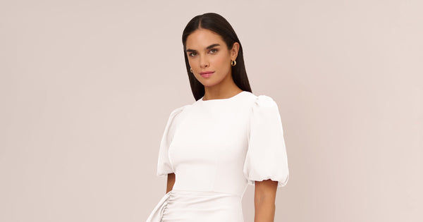 Puff Short Sleeve Sheath Dress With Ruffle Accent In Ivory