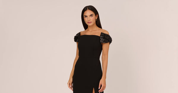 Stretch Crepe Off The Shoulder Gown With Sequin Bows In Black