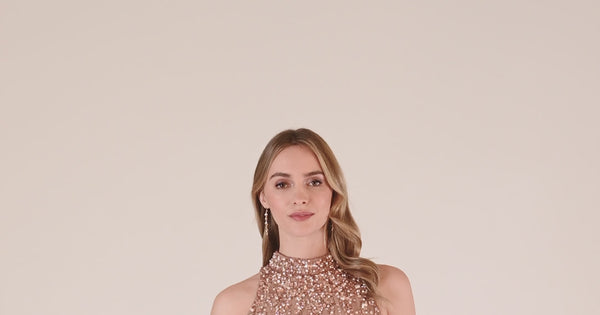 Beaded Column Gown With Mock Neckline In Rose Gold Adrianna Papell