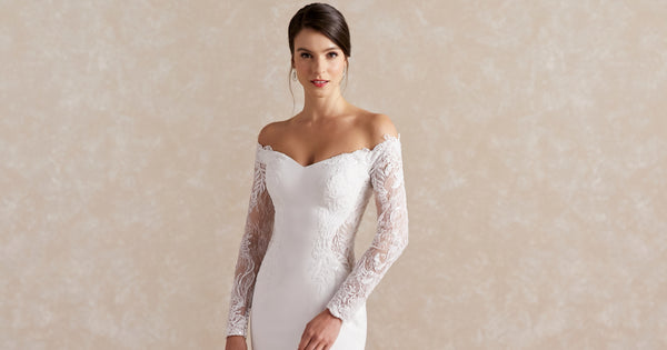 Platinum Crepe Lace Off The Shoulder Wedding Gown In Ivory