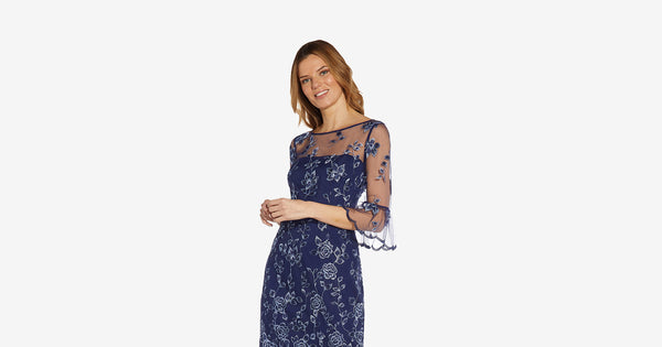 Floral Embroidered Sheath Dress With Scalloped Detail In Midnight Multi