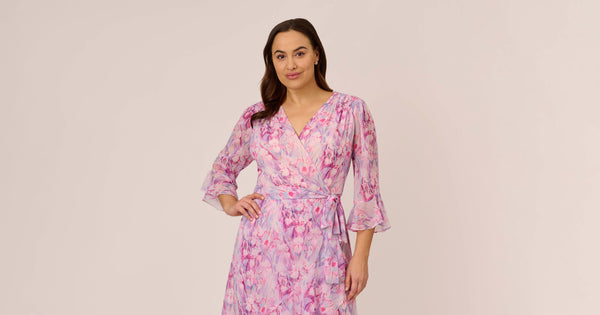 Plus Size Floral-Printed Chiffon Short Dress In Pink Multi | Adrianna