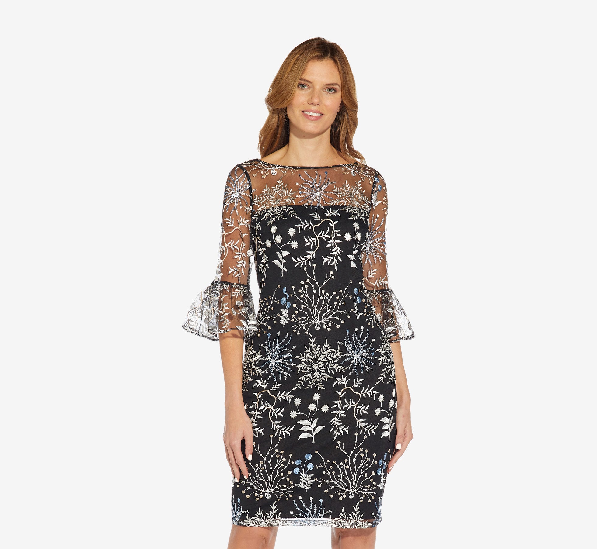 Embroidered Three Quarter Sleeve Short Sheath Dress With Bell Sleeves – Adrianna  Papell